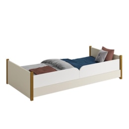 Cama Evolutiva Ravi Areia com Pés Amadeirado, Proteção Lateral Lisa e Colchão D20 - Reller Móveis  Cama Evolutiva Ravi Areia com Pés Amadeirado, Proteção Lateral Lisa e Colchão D20 - Reller Móveis