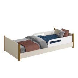 Cama Evolutiva Ravi Areia com Pés Amadeirado, Proteção Lateral Usinada e Colchão D20 - Reller Móveis  Cama Evolutiva Ravi Areia com Pés Amadeirado, Proteção Lateral Usinada e Colchão D20 - Reller Móveis