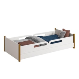 Cama Evolutiva Ravi Branco Fosco com Pés Amadeirado e 2 Kits Proteção Lateral Usinada - Reller Móveis  Cama Evolutiva Ravi Branco Fosco com Pés Amadeirado e 2 Kits Proteção Lateral Usinada - Reller Móveis