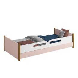 Cama Evolutiva Ravi Rosa com Pés Amadeirado, Proteção Lateral Usinada e Colchão D20 - Reller Móveis  Cama Evolutiva Ravi Rosa com Pés Amadeirado, Proteção Lateral Usinada e Colchão D20 - Reller Móveis