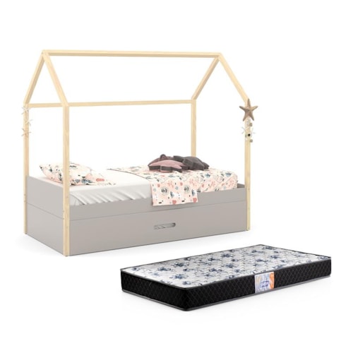 Cama Infantil Kids Liv com Auxiliar New Cinza/Natural e 2 Colchões Supreme D33 - Matic Móveis