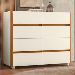 Cômoda Aparador Infinite 8 Gavetas Off White/Cinamomo com Tampo de Vidro - Móveis Albatroz