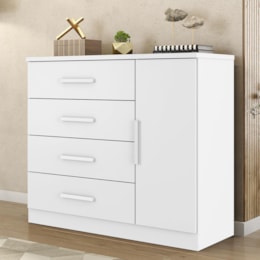 Cômoda Gênova 1 Porta e 4 Gavetas Branco Absoluto - Zanzini Móveis  Cômoda Gênova 1 Porta e 4 Gavetas Branco Absoluto - Zanzini Móveis