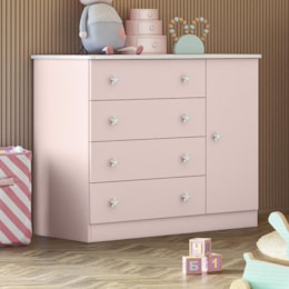 Cômoda Infantil 1 Porta e 4 Gavetas Doce Sonho Rosa Acetinado - Qmovi Cômoda Infantil 1 Porta e 4 Gavetas Doce Sonho Rosa Acetinado - Qmovi