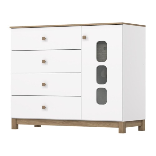 Cômoda Infantil Aconchego 1 Porta e 4 Gavetas Branco/Jequitibá - Móveis Henn