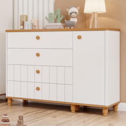 Cômoda Infantil Cupcake 1 Porta e 4 Gavetas Branco Acetinado/Nature - Permóbili Baby Cômoda Infantil Cupcake 1 Porta e 4 Gavetas Branco Acetinado/Nature - Permóbili Baby