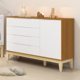 Cômoda Infantil Elfe Classic 1 Porta 4 Gavetas Branco/Savana com Pés Madeira Natural - Reller Móveis  Cômoda Infantil Elfe Classic 1 Porta 4 Gavetas Branco/Savana com Pés Madeira Natural - Reller Móveis
