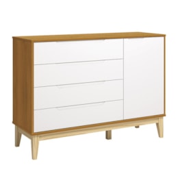 Cômoda Infantil Elfe Classic 1 Porta 4 Gavetas Branco/Savana com Pés Madeira Natural - Reller Móveis  Cômoda Infantil Elfe Classic 1 Porta 4 Gavetas Branco/Savana com Pés Madeira Natural - Reller Móveis