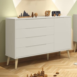 Cômoda Infantil Elfe Retrô 1 Porta 4 Gavetas Areia Fosco com Pés Madeira Natural - Reller Móveis  Cômoda Infantil Elfe Retrô 1 Porta 4 Gavetas Areia Fosco com Pés Madeira Natural - Reller Móveis
