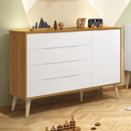 Cômoda Infantil Elfe Retrô 1 Porta 4 Gavetas Branco/Savana com Pés Madeira Natural - Reller Móveis  Cômoda Infantil Elfe Retrô 1 Porta 4 Gavetas Branco/Savana com Pés Madeira Natural - Reller Móveis
