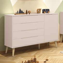 Cômoda Infantil Elfe Retrô 1 Porta 4 Gavetas Rosa Fosco com Pés Madeira Natural - Reller Móveis  Cômoda Infantil Elfe Retrô 1 Porta 4 Gavetas Rosa Fosco com Pés Madeira Natural - Reller Móveis
