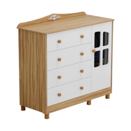 Cômoda Infantil Elô New 1 Porta com Janela e 4 Gavetas Branco Brilho/Amêndoa - Móveis Peroba