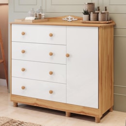 Cômoda Infantil Elô New 1 Porta e 4 Gavetas Branco Brilho/Amêndoa - Móveis Peroba Cômoda Infantil Elô New 1 Porta e 4 Gavetas Branco Brilho/Amêndoa - Móveis Peroba