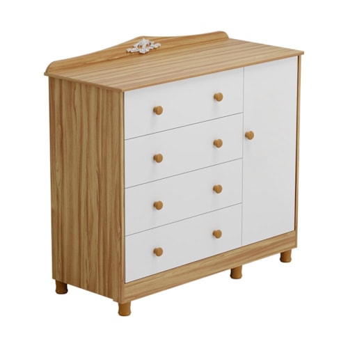 Cômoda Infantil Elô New 1 Porta e 4 Gavetas Branco Brilho/Amêndoa - Móveis Peroba