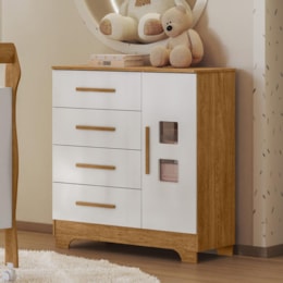 Cômoda Infantil Fly 1 Porta 4 Gavetas Branco/Amadeirado – Tigus Móveis