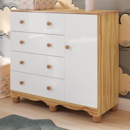 Cômoda Infantil Júnior New 1 Porta e 4 Gavetas Branco Brilho/Amêndoa - Móveis Peroba
