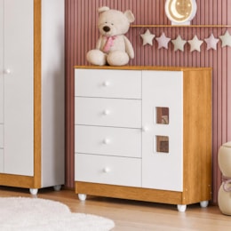 Cômoda Infantil Life 1 Porta 4 Gavetas Branco/Amadeirado – Tigus Móveis