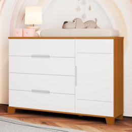 Cômoda Infantil Luna 1 Porta e 4 Gavetas Branco Fosco/Savana - Reller Móveis