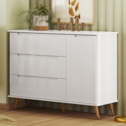 Cômoda Infantil Lunna Retrô 1 Porta e 3 Gavetas Branco - Peternella Móveis   Cômoda Infantil Lunna Retrô 1 Porta e 3 Gavetas Branco - Peternella Móveis
