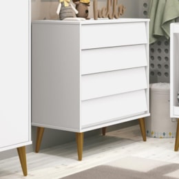 Cômoda Infantil Noah Retrô 4 Gavetas Branco Fosco com Pés Amadeirado - Reller Móveis  Cômoda Infantil Noah Retrô 4 Gavetas Branco Fosco com Pés Amadeirado - Reller Móveis