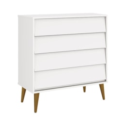 Cômoda Infantil Noah Retrô 4 Gavetas Branco Fosco com Pés Amadeirado - Reller Móveis  Cômoda Infantil Noah Retrô 4 Gavetas Branco Fosco com Pés Amadeirado - Reller Móveis