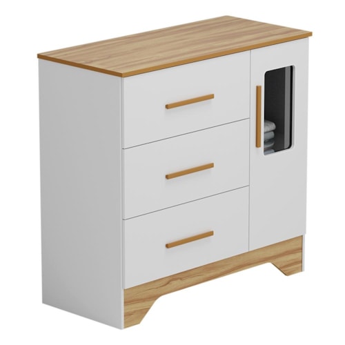 Cômoda Infantil Popy Retrô Plus 1 Porta com Janela e 3 Gavetas Branco Brilho/Amêndoa - Móveis Peroba