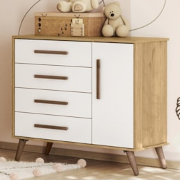 Cômoda Infantil Q Encanto Retrô 1 Porta e 4 Gavetas Freijó/Branco Acetinado - Qmovi Cômoda Infantil Q Encanto Retrô 1 Porta e 4 Gavetas Freijó/Branco Acetinado - Qmovi