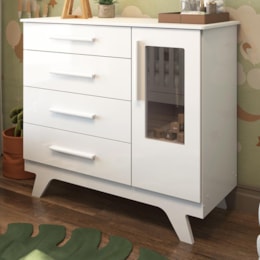 Cômoda Infantil Retrô 1 Porta com Janela e 4 Gavetas Branco Brilho - Móveis Peroba