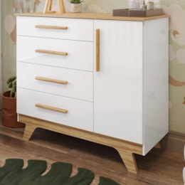 Cômoda Infantil Retrô 1 Porta e 4 Gavetas Branco Brilho/Amêndoa - Móveis Peroba Cômoda Infantil Retrô 1 Porta e 4 Gavetas Branco Brilho/Amêndoa - Móveis Peroba