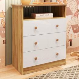 Cômoda Infantil Smim New 3 Gavetas Branco Brilho/Amêndoa - Móveis Peroba