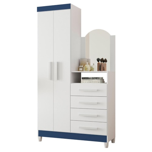 Cômoda New Capri 2 Portas e 4 Gavetas Branco/Azul Matte com Espelho - Móveis Albatroz