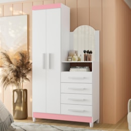Cômoda New Capri 2 Portas e 4 Gavetas Quadriflex Branco/Rosa Matte com Espelho - Móveis Albatroz 