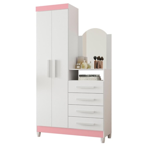 Cômoda New Capri 2 Portas e 4 Gavetas Quadriflex Branco/Rosa Matte com Espelho - Móveis Albatroz 