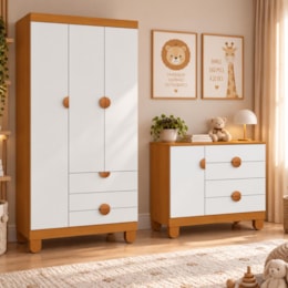 Cômoda Sapateira 1 Porta e 4 Gavetas e Guarda Roupa 3 Portas e 3 Gavetas Apolo Branco Fosco/Savana - Reller Móveis