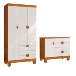 Cômoda Sapateira 1 Porta e 4 Gavetas e Guarda Roupa 3 Portas e 3 Gavetas Apolo Branco Fosco/Savana - Reller Móveis