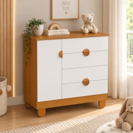 Cômoda Sapateira Apolo 1 Porta e 4 Gavetas Branco Fosco/Savana - Reller Móveis