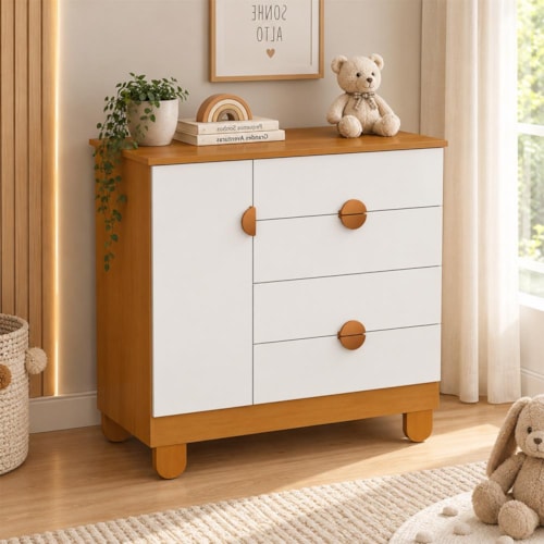 Cômoda Sapateira Apolo 1 Porta e 4 Gavetas Branco Fosco/Savana - Reller Móveis