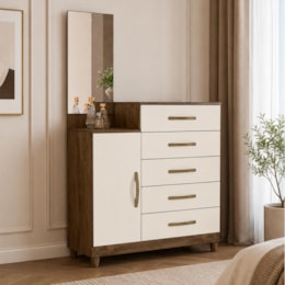 Cômoda Sapateira Lisboa 5 Gavetas com Espelho Castanho Wood/Off White - Moval 