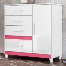 Cômoda Sapateira Vênus 1 Porta e 4 Gavetas Flex Branco/Rosa com Pés - Moval Cômoda Sapateira Vênus 1 Porta e 4 Gavetas Flex Branco/Rosa com Pés - Moval