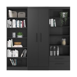 Conjunto de Livreiros 3 Módulos com 2 Portas e 2 Gavetas Preto Fosco - Qmovi