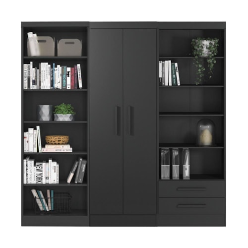 Conjunto de Livreiros 3 Módulos com 2 Portas e 2 Gavetas Preto Fosco - Qmovi