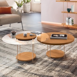 Conjunto de Mesas de Centro Sky com Tampo de Vidro e em MDF Cinamomo - HB Móveis