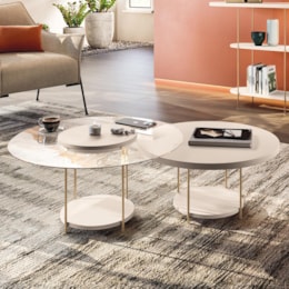 Conjunto de Mesas de Centro Sky com Tampo de Vidro e em MDF Off White - HB Móveis