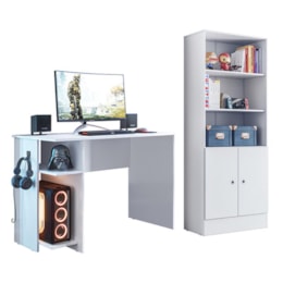 Conjunto Gamer Armário 2 Portas e Mesa para Computador 3875 Branco - Qmovi   Conjunto Gamer Armário 2 Portas e Mesa para Computador 3875 Branco - Qmovi
