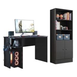 Conjunto Gamer Armário 2 Portas e Mesa para Computador 3875 Preto - Qmovi  Conjunto Gamer Armário 2 Portas e Mesa para Computador 3875 Preto - Qmovi