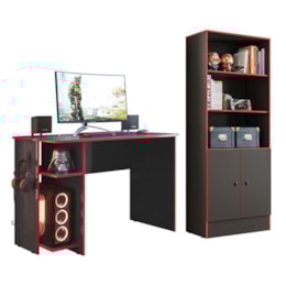 Conjunto Gamer Armário 2 Portas e Mesa para Computador 3875 Preto/Vermelho - Qmovi   Conjunto Gamer Armário 2 Portas e Mesa para Computador 3875 Preto/Vermelho - Qmovi