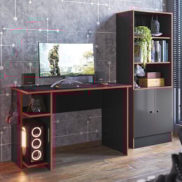 Conjunto Gamer Armário 2 Portas e Mesa para Computador 3875 Preto/Vermelho - Qmovi   Conjunto Gamer Armário 2 Portas e Mesa para Computador 3875 Preto/Vermelho - Qmovi