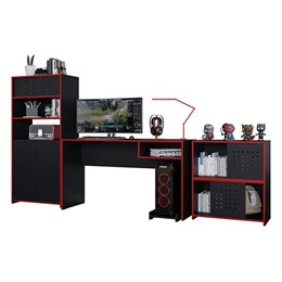 Conjunto Gamer Pixel Armário Alto e Baixo e Mesa para Computador Preto/Vermelho - PR Móveis  
