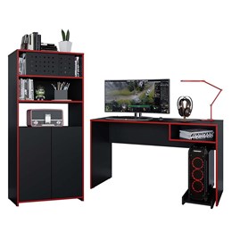 Conjunto Gamer Pixel Armário Alto e Mesa para Computador Preto/Vermelho - PR Móveis  