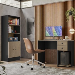 Conjunto Home Office com Armário 2 Portas e Mesa Escrivaninha Preto/Carvalho - Qmovi   Conjunto Home Office com Armário 2 Portas e Mesa Escrivaninha Preto/Carvalho - Qmovi